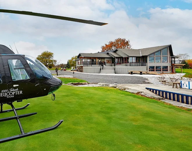 Helicopter on front lawn of property